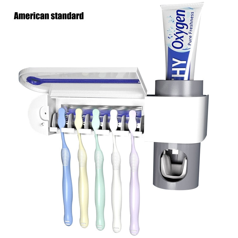 Dispensador 2 em 1 Luz UV Ultravioleta - Esterilizar bactérias em escovas + Dispensador de pasta automático.