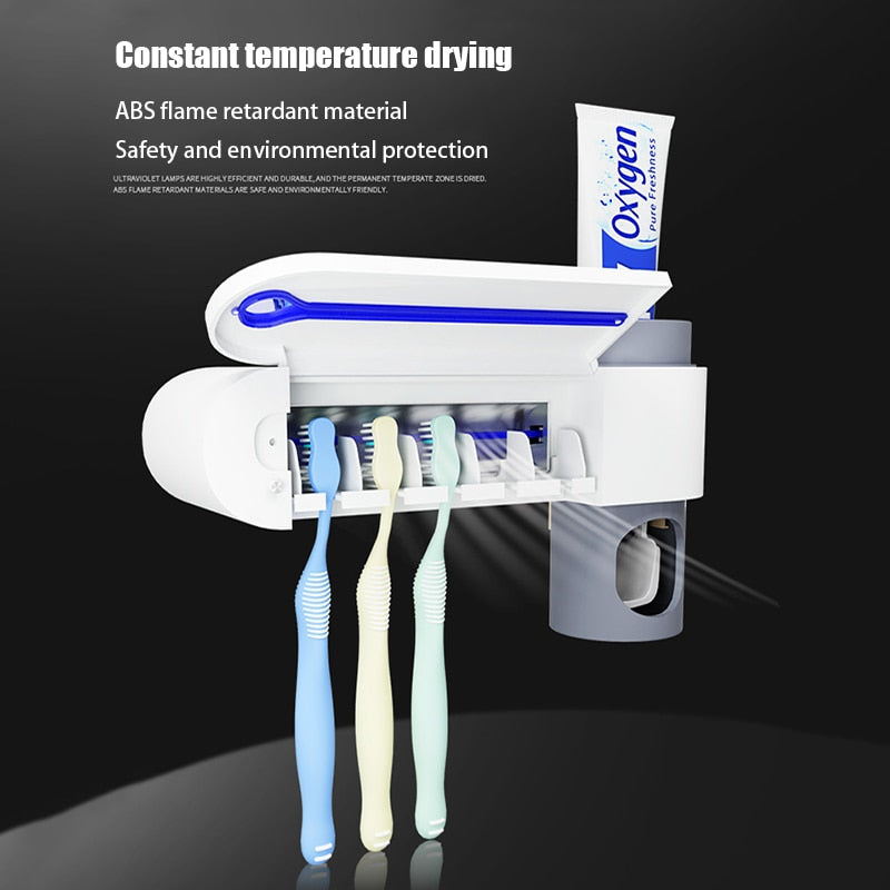 Dispensador 2 em 1 Luz UV Ultravioleta - Esterilizar bactérias em escovas + Dispensador de pasta automático.