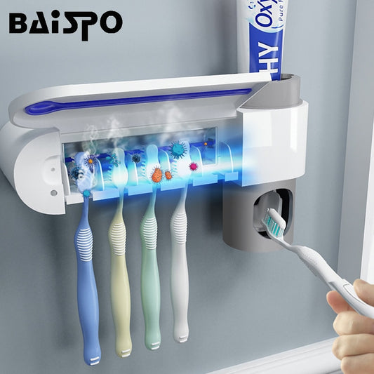 Dispensador 2 em 1 Luz UV Ultravioleta - Esterilizar bactérias em escovas + Dispensador de pasta automático.